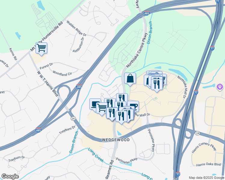 map of restaurants, bars, coffee shops, grocery stores, and more near 10015 Madison Square Place in Charlotte