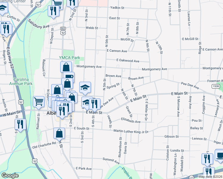 map of restaurants, bars, coffee shops, grocery stores, and more near 445 Spring Street in Albemarle
