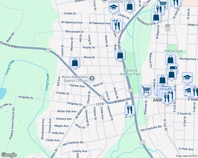 map of restaurants, bars, coffee shops, grocery stores, and more near 327 Love Street in Albemarle