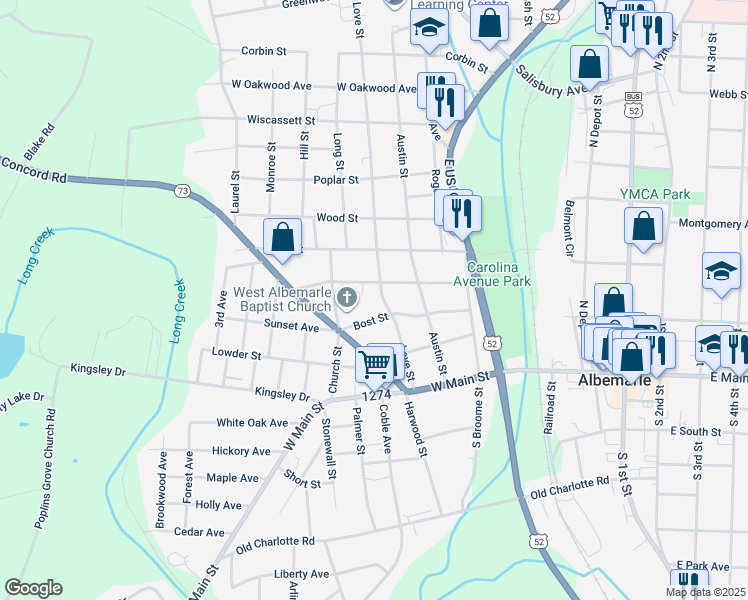 map of restaurants, bars, coffee shops, grocery stores, and more near 327 Love Street in Albemarle
