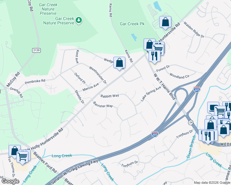 map of restaurants, bars, coffee shops, grocery stores, and more near 9103 Kaladar Court in Charlotte
