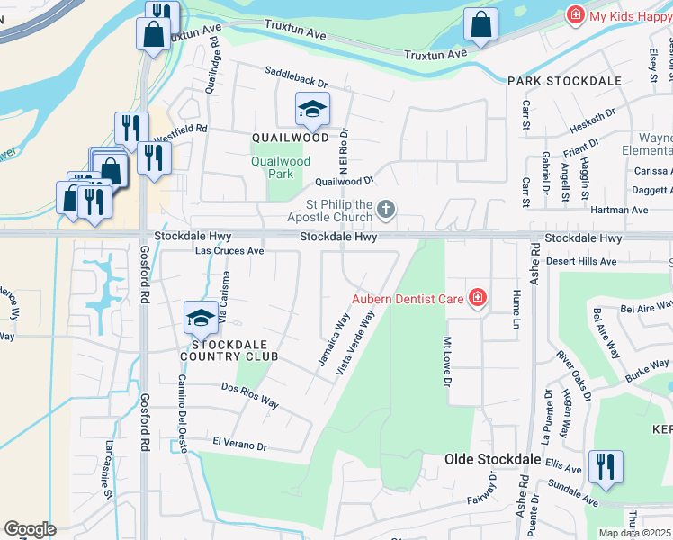 map of restaurants, bars, coffee shops, grocery stores, and more near 200 Starmount Lane in Bakersfield