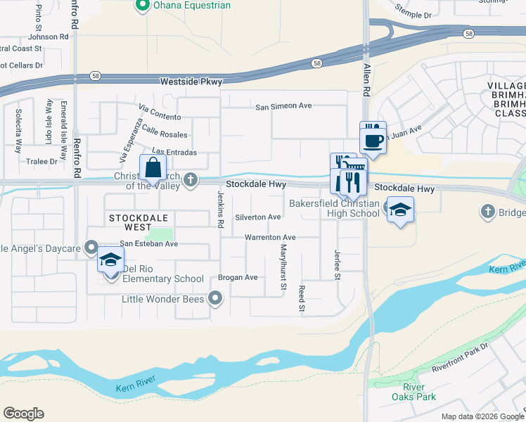 map of restaurants, bars, coffee shops, grocery stores, and more near 200 Ritter Court in Bakersfield