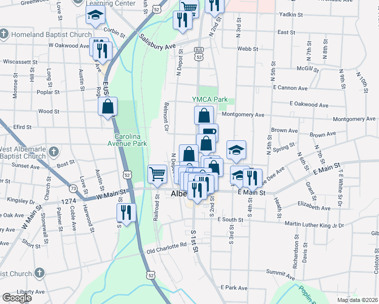 map of restaurants, bars, coffee shops, grocery stores, and more near 239 North 1st Street in Albemarle