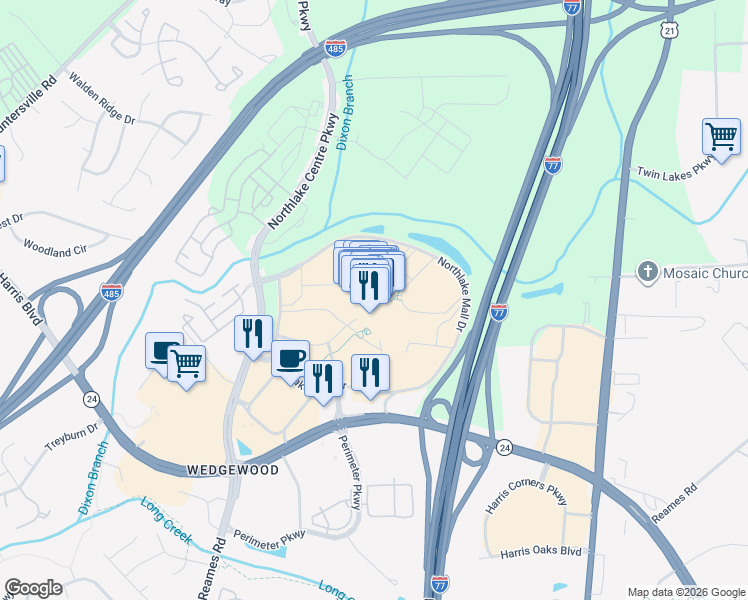 map of restaurants, bars, coffee shops, grocery stores, and more near 6801 Northlake Mall Drive in Charlotte