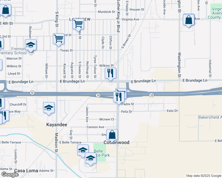 map of restaurants, bars, coffee shops, grocery stores, and more near 1605 East Brundage Lane in Bakersfield