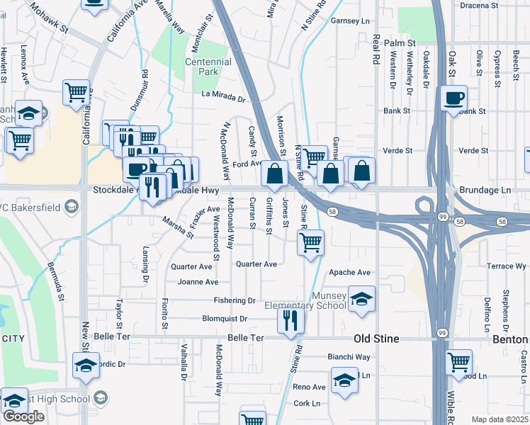 map of restaurants, bars, coffee shops, grocery stores, and more near 16 Curran Street in Bakersfield