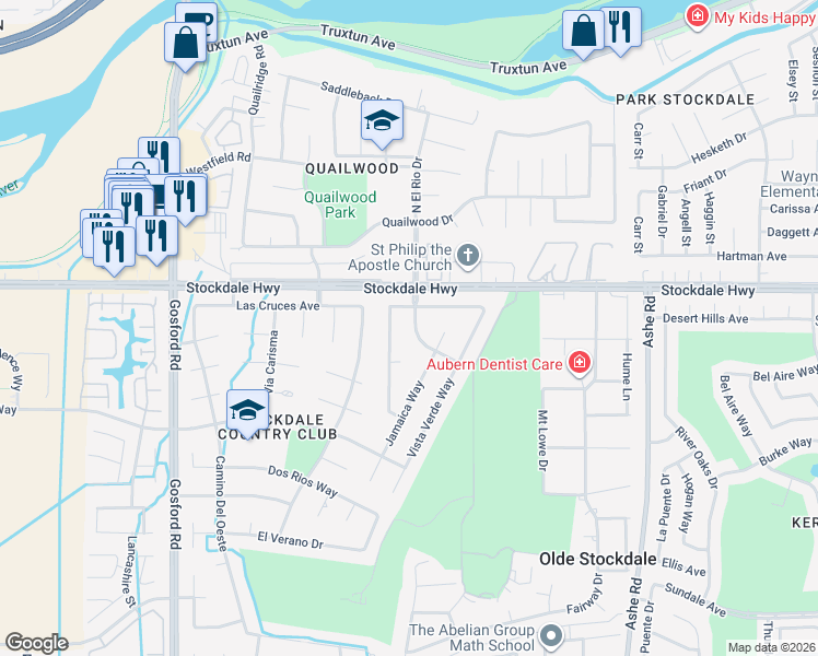 map of restaurants, bars, coffee shops, grocery stores, and more near 200 Starmount Lane in Bakersfield