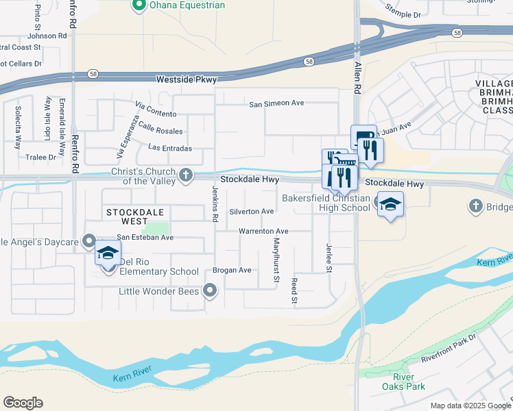 map of restaurants, bars, coffee shops, grocery stores, and more near 200 Ritter Court in Bakersfield