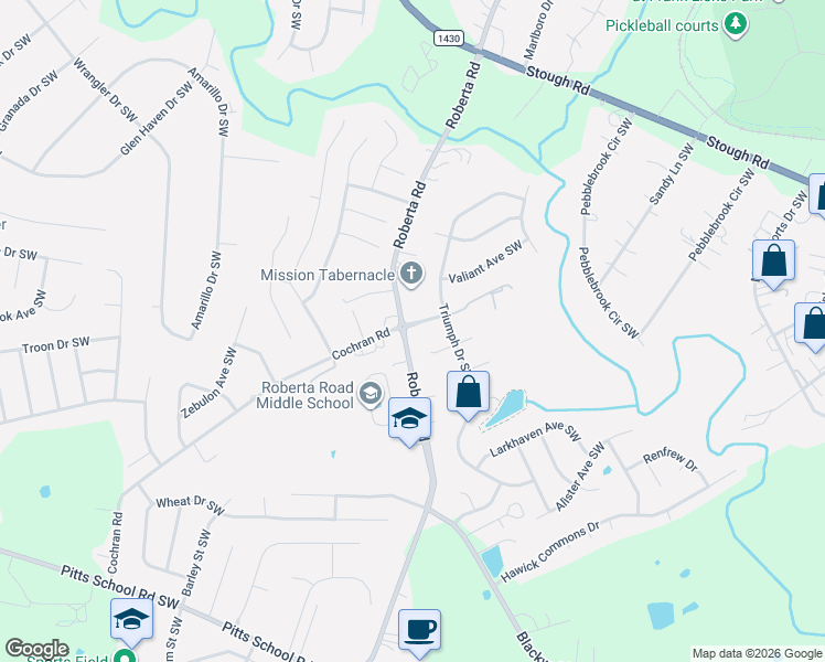 map of restaurants, bars, coffee shops, grocery stores, and more near 3620 Brookville Avenue Southwest in Concord