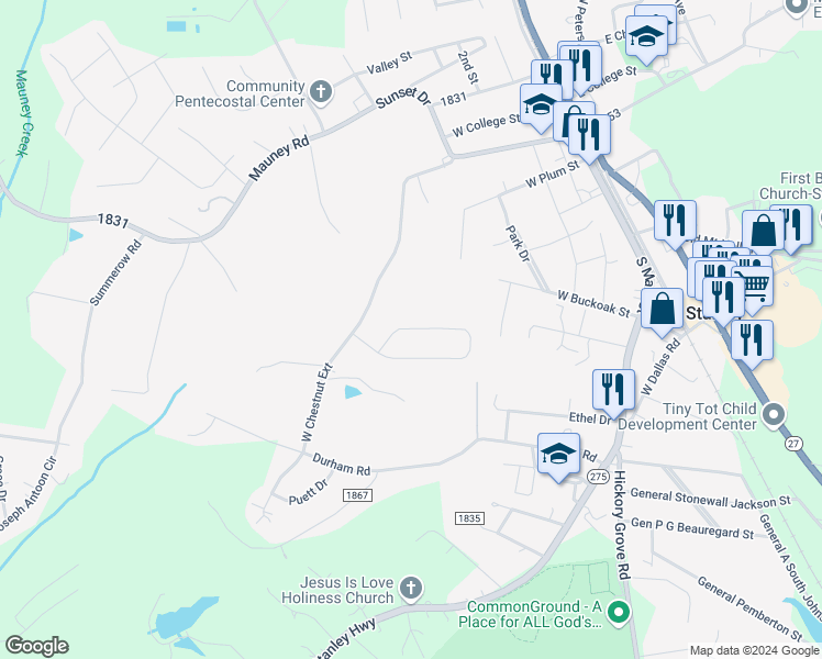 map of restaurants, bars, coffee shops, grocery stores, and more near 152 Walking Horse Run in Stanley