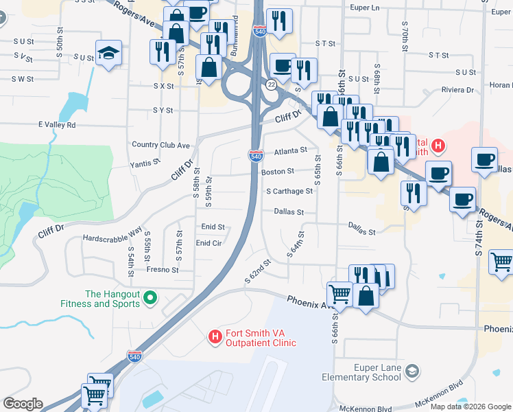 map of restaurants, bars, coffee shops, grocery stores, and more near 6200 South Carthage Street in Fort Smith