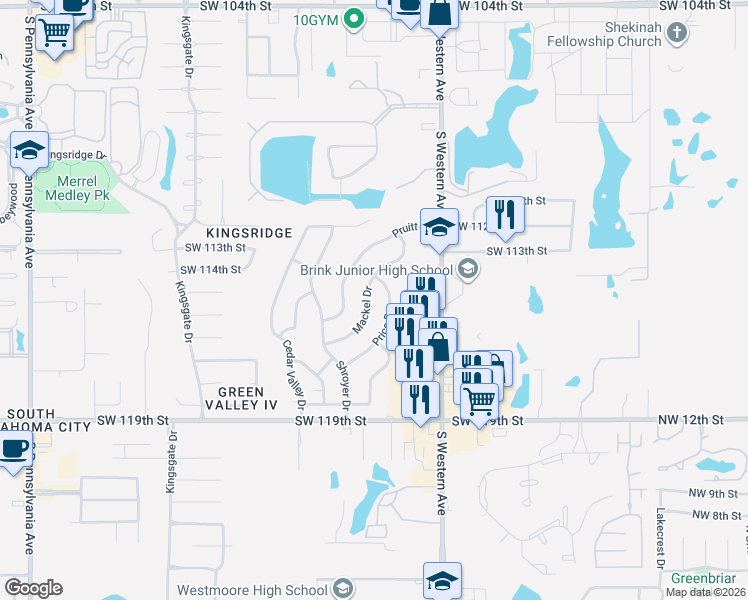 map of restaurants, bars, coffee shops, grocery stores, and more near 11504 Mackel Drive in Oklahoma City