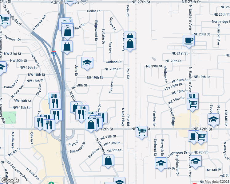 map of restaurants, bars, coffee shops, grocery stores, and more near 507 Fox Avenue in Moore