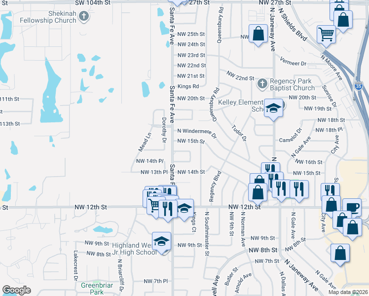 map of restaurants, bars, coffee shops, grocery stores, and more near 1012 Northwest 15th Street in Moore