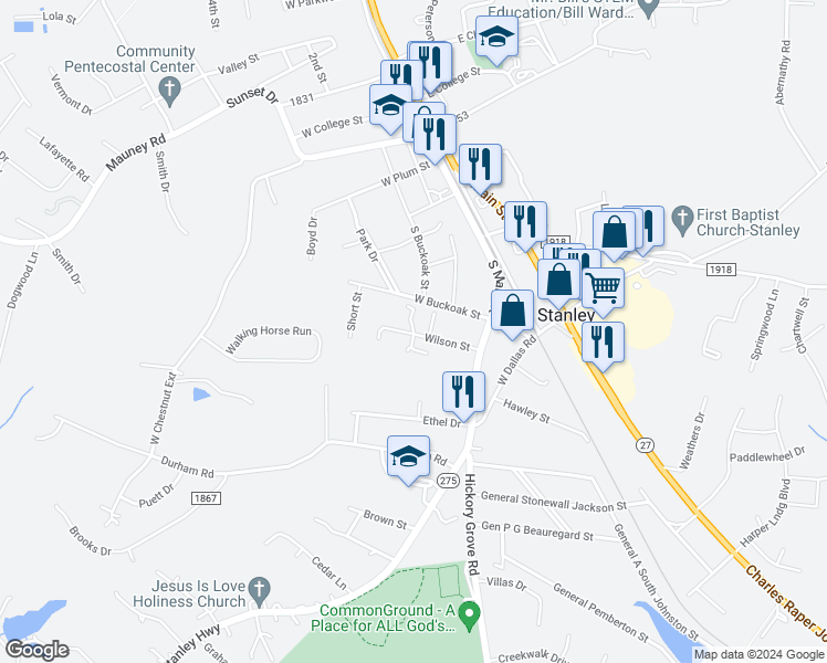 map of restaurants, bars, coffee shops, grocery stores, and more near 203 Fieldcrest Place in Stanley