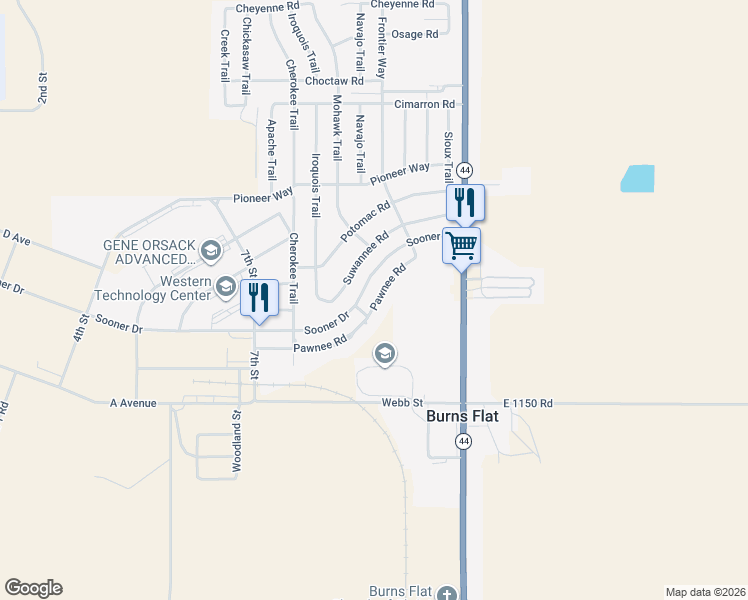 map of restaurants, bars, coffee shops, grocery stores, and more near 210 Pawnee Road in Burns Flat