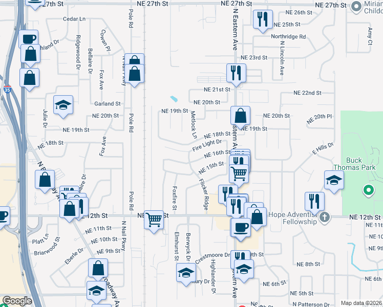 map of restaurants, bars, coffee shops, grocery stores, and more near 605 Fire Light Drive in Moore