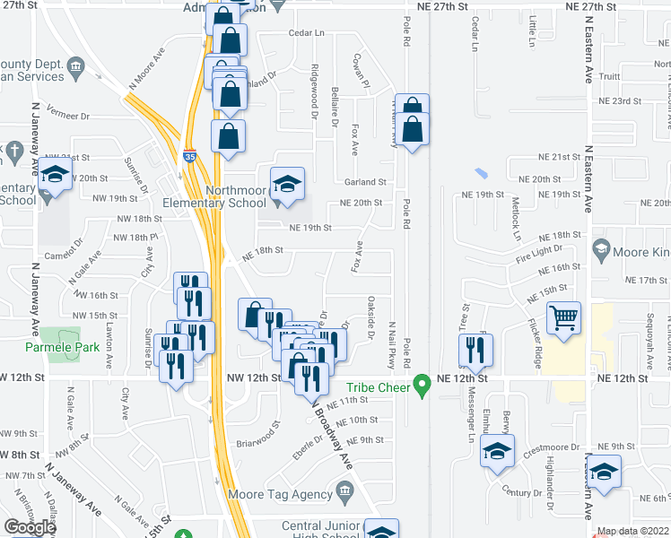 map of restaurants, bars, coffee shops, grocery stores, and more near 1806 Bellaire Drive in Moore