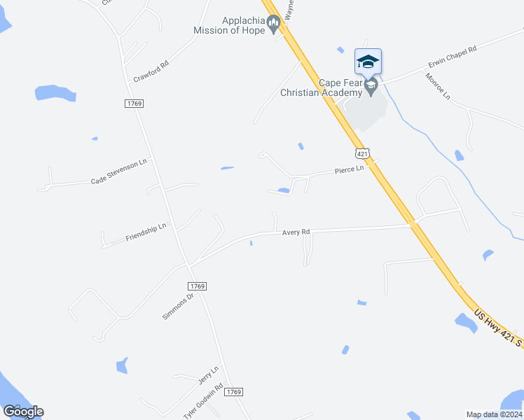 map of restaurants, bars, coffee shops, grocery stores, and more near 65 Della Lane in Erwin