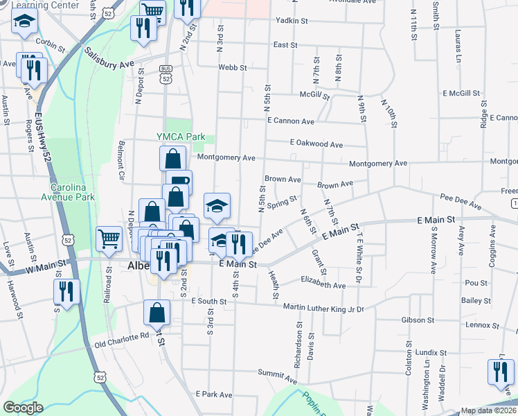 map of restaurants, bars, coffee shops, grocery stores, and more near 225 North 5th Street in Albemarle