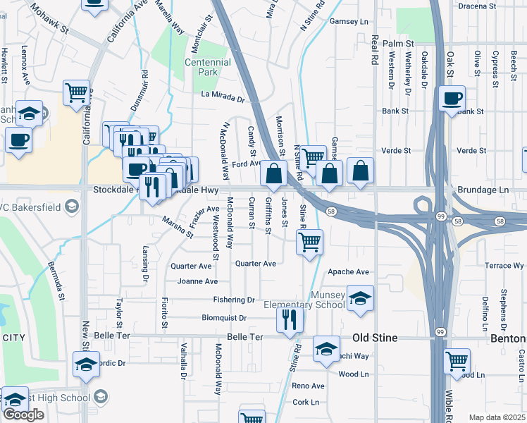 map of restaurants, bars, coffee shops, grocery stores, and more near 16 Curran Street in Bakersfield