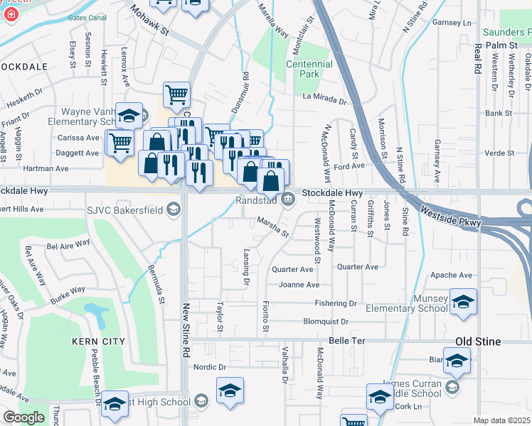 map of restaurants, bars, coffee shops, grocery stores, and more near 4709 Stockdale Highway in Bakersfield