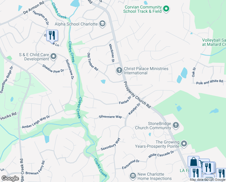 map of restaurants, bars, coffee shops, grocery stores, and more near 11835 Old Timber Road in Charlotte
