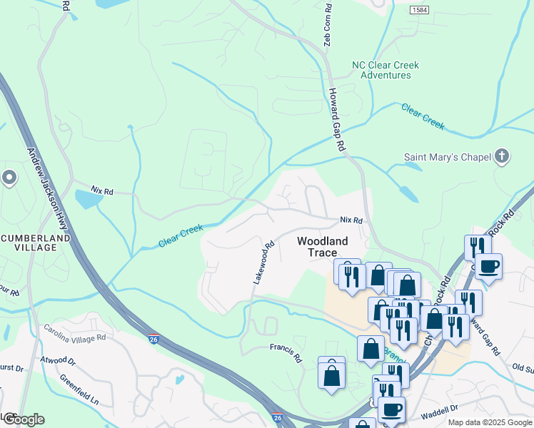 map of restaurants, bars, coffee shops, grocery stores, and more near 36 Clear Creekside Drive in Hendersonville