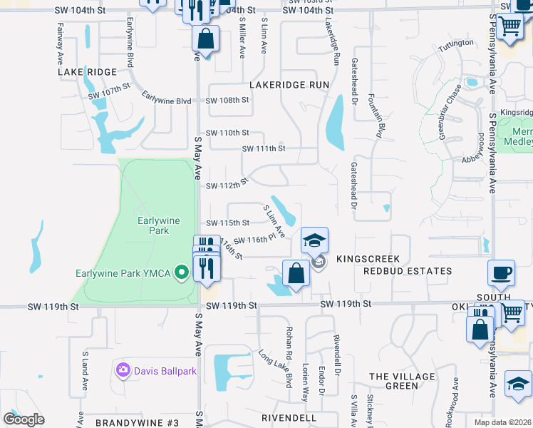 map of restaurants, bars, coffee shops, grocery stores, and more near 11501 South Linn Avenue in Oklahoma City