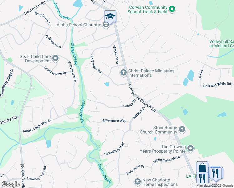 map of restaurants, bars, coffee shops, grocery stores, and more near 11835 Old Timber Road in Charlotte