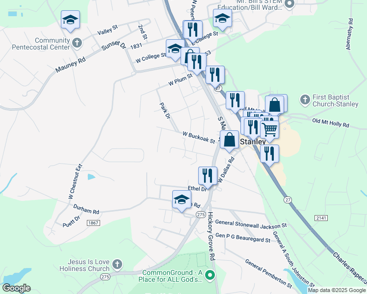 map of restaurants, bars, coffee shops, grocery stores, and more near 201 Fieldcrest Place in Stanley