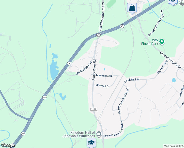 map of restaurants, bars, coffee shops, grocery stores, and more near 4536 Rocky River Road in Concord