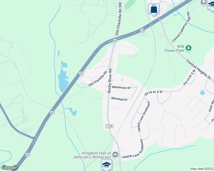 map of restaurants, bars, coffee shops, grocery stores, and more near 4536 Rocky River Road in Concord