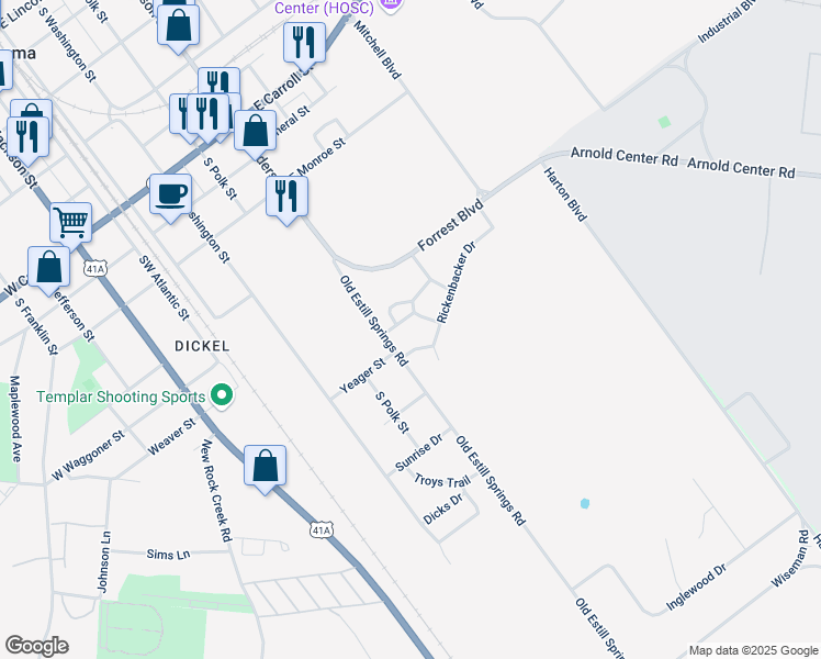 map of restaurants, bars, coffee shops, grocery stores, and more near 410 Chamberlain Drive in Tullahoma