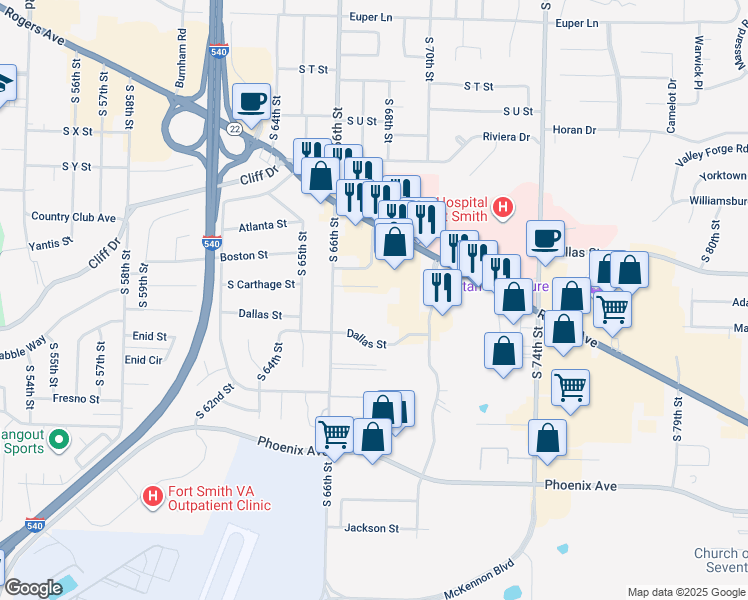 map of restaurants, bars, coffee shops, grocery stores, and more near 6801 Dallas Street in Fort Smith
