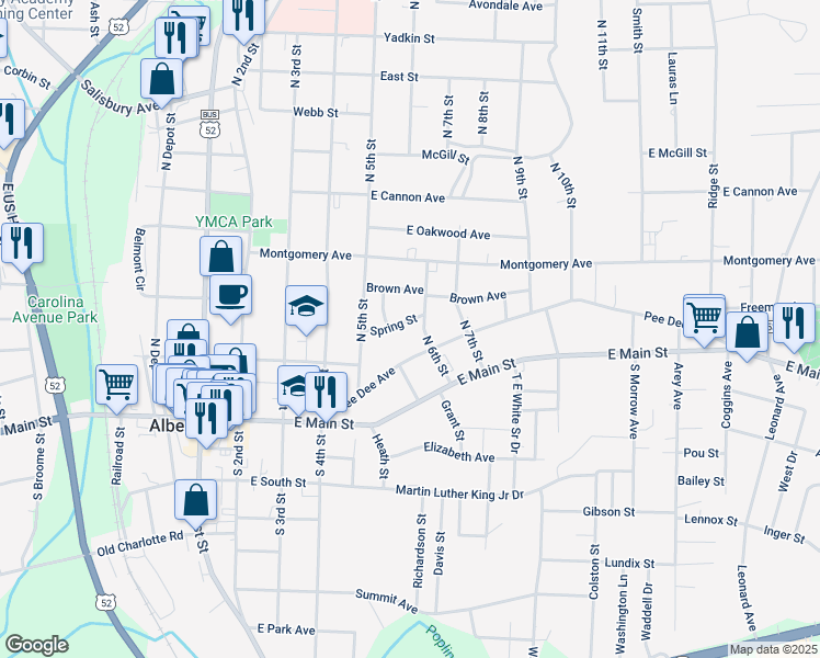 map of restaurants, bars, coffee shops, grocery stores, and more near 442 Spring Street in Albemarle
