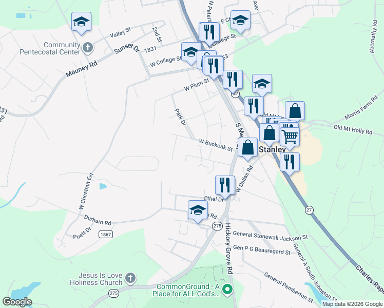 map of restaurants, bars, coffee shops, grocery stores, and more near 403 Wilson Street in Stanley