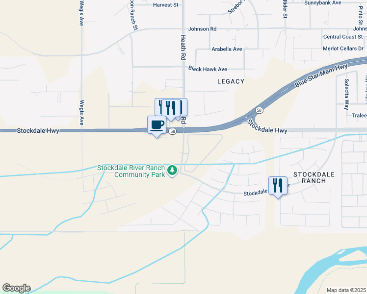 map of restaurants, bars, coffee shops, grocery stores, and more near South Heath Road in Bakersfield