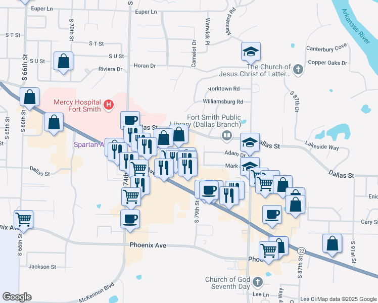map of restaurants, bars, coffee shops, grocery stores, and more near 7801 Rogers Avenue in Fort Smith