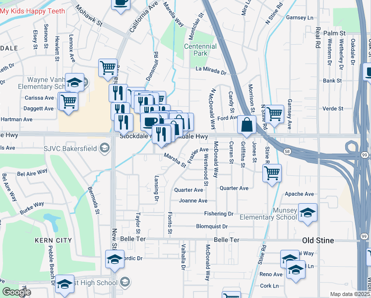 map of restaurants, bars, coffee shops, grocery stores, and more near 140 South Montclair Street in Bakersfield