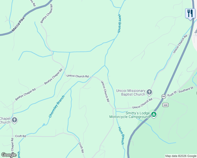 map of restaurants, bars, coffee shops, grocery stores, and more near County Road 662 in Tellico Plains