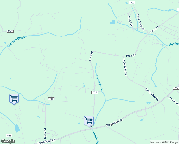 map of restaurants, bars, coffee shops, grocery stores, and more near 599 Pace Road in Hendersonville