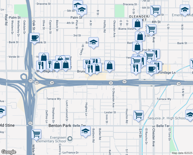 map of restaurants, bars, coffee shops, grocery stores, and more near 2207 Brundage Lane in Bakersfield