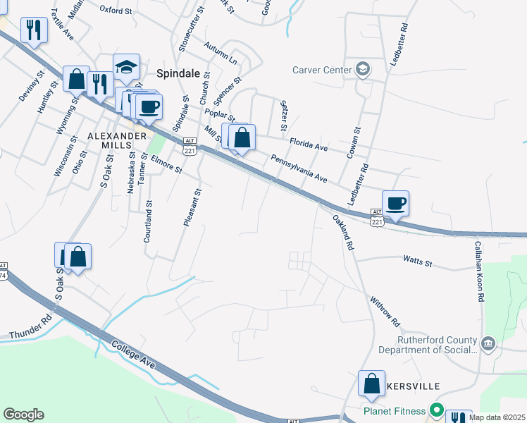 map of restaurants, bars, coffee shops, grocery stores, and more near 165 California Street in Spindale