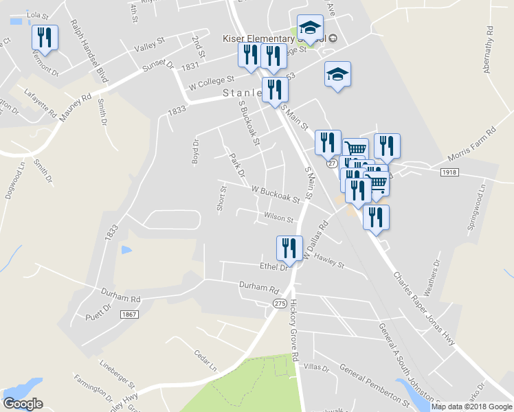 map of restaurants, bars, coffee shops, grocery stores, and more near 503 Fieldcrest Place in Stanley