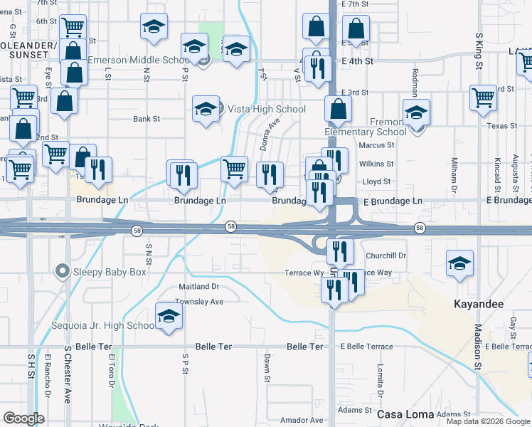 map of restaurants, bars, coffee shops, grocery stores, and more near 401 Brundage Lane in Bakersfield