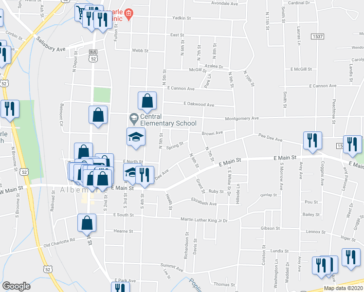 map of restaurants, bars, coffee shops, grocery stores, and more near 442 Spring Street in Albemarle