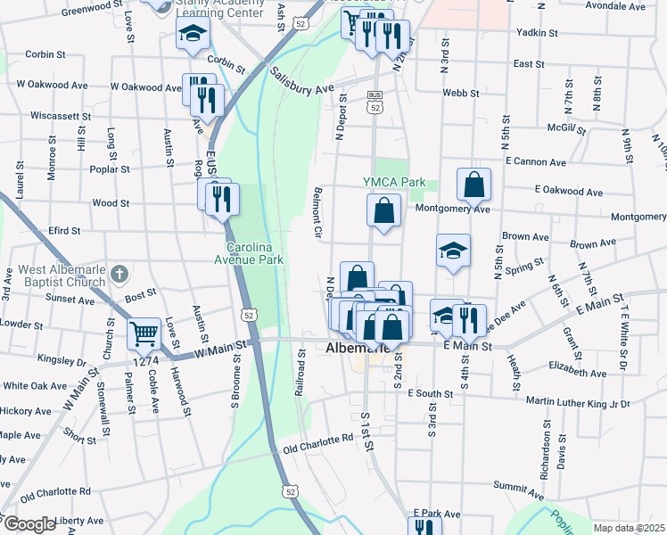 map of restaurants, bars, coffee shops, grocery stores, and more near 239 North 1st Street in Albemarle