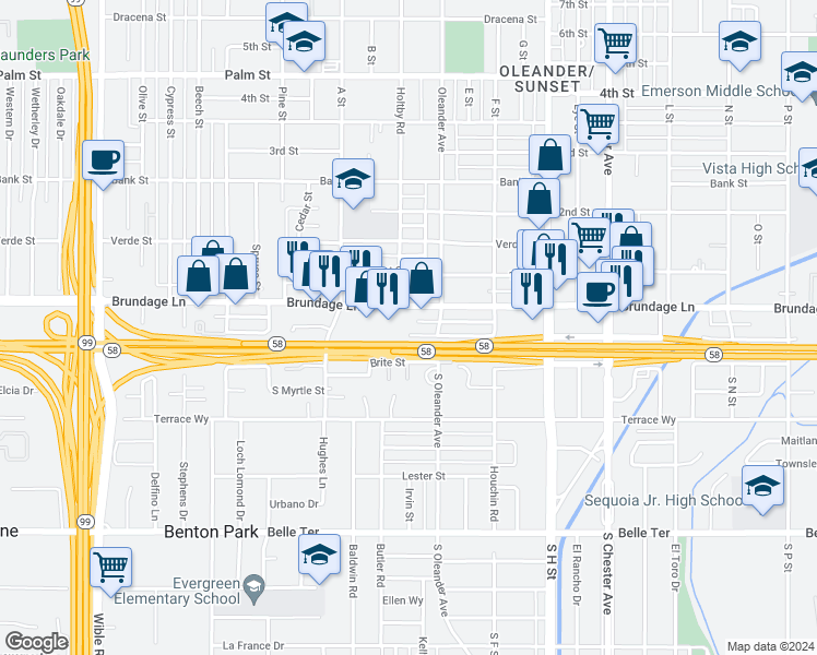 map of restaurants, bars, coffee shops, grocery stores, and more near 2116 Roosevelt Street in Bakersfield